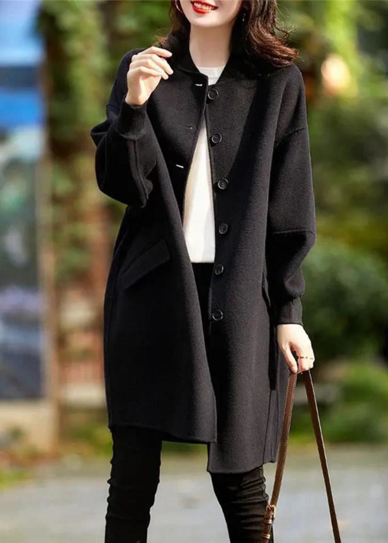 Casual Zwarte Oversized Wollen Trenchcoat Met Enkele Rij Knopen - Dames trenchcoats