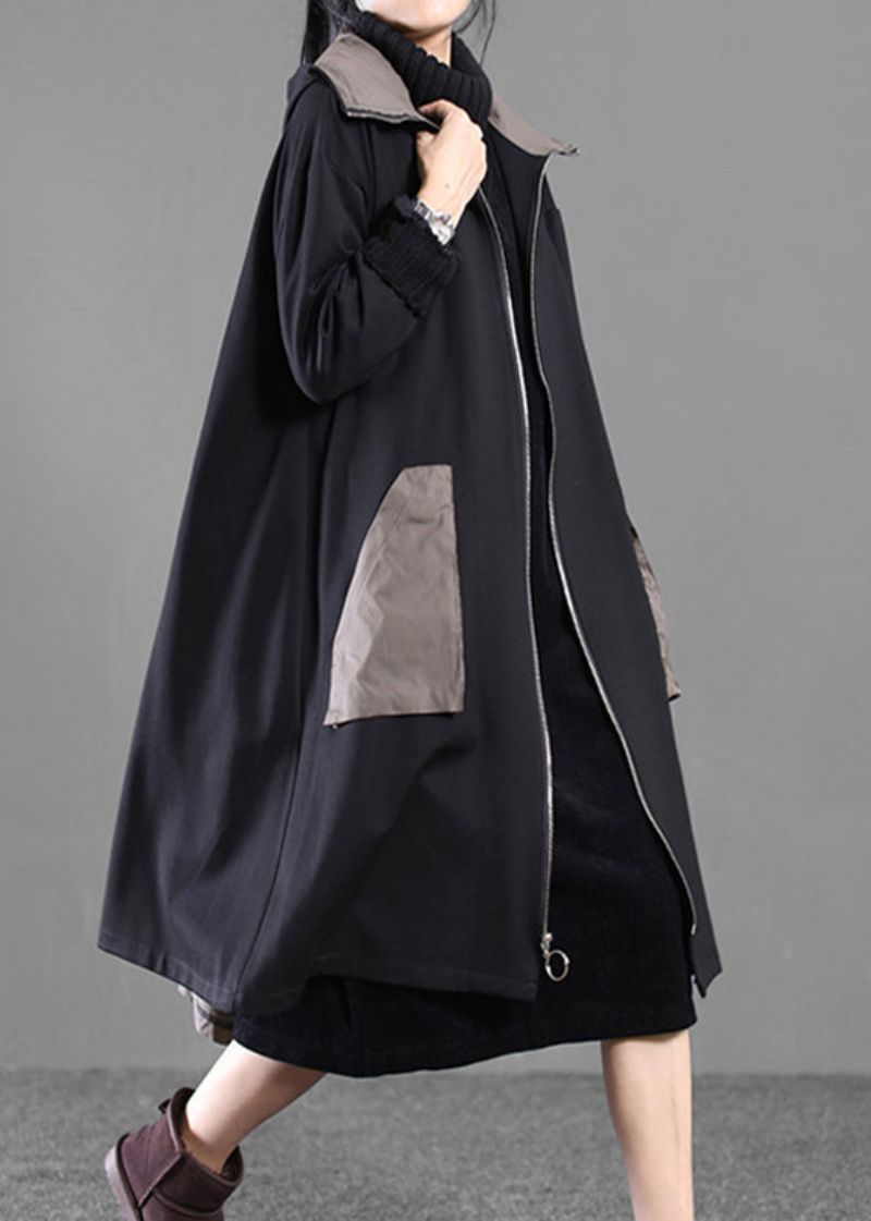 Casual Zwarte Patchwork Lange Hoodie-trenchcoat Met Mouwen En Ritssluiting - Dames trenchcoats