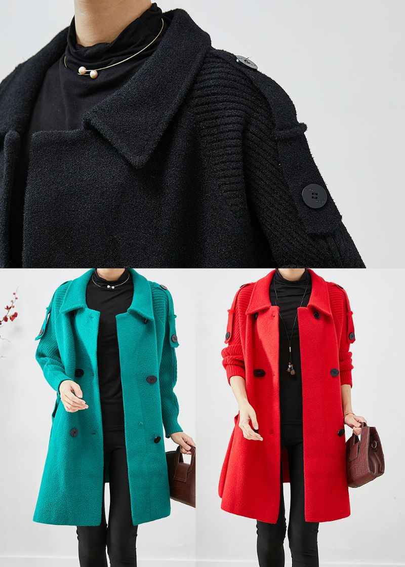 Casual Zwarte Patchwork Wollen Trenchcoats Met Dubbele Borsten Herfst - Dames trenchcoats