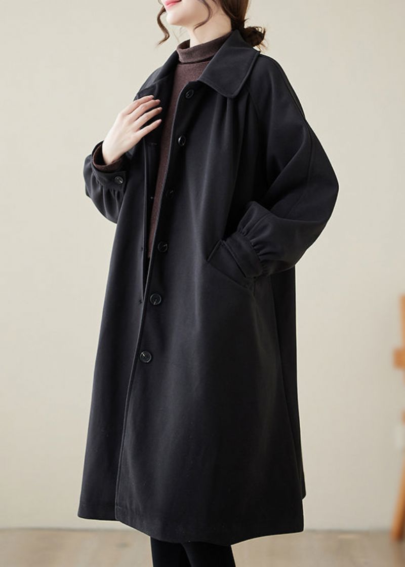 Casual Zwarte Revers Oversized Wollen Trenchcoat Lente