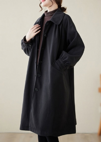 Casual Zwarte Revers Oversized Wollen Trenchcoat Lente