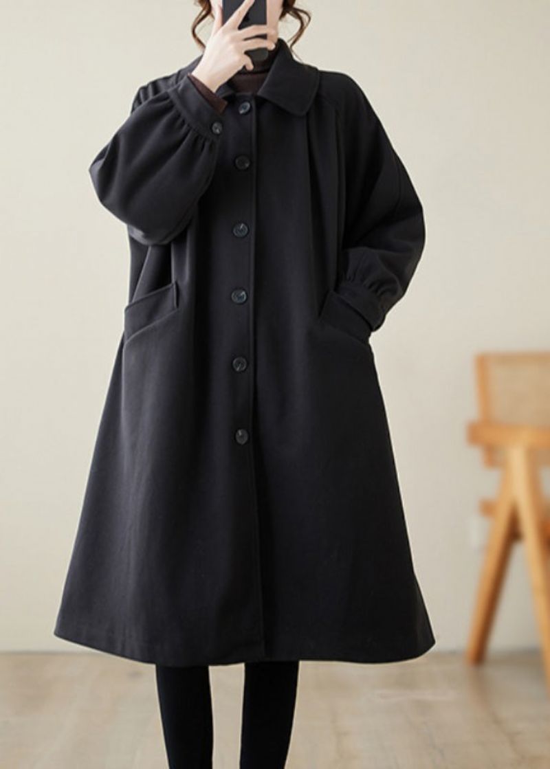 Casual Zwarte Revers Oversized Wollen Trenchcoat Lente - Dames trenchcoats