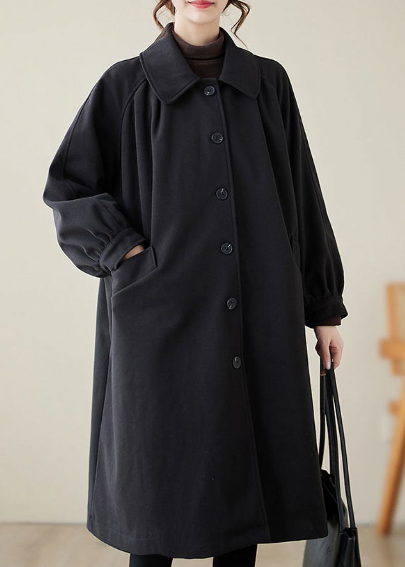 Casual Zwarte Revers Oversized Wollen Trenchcoat Lente - Dames trenchcoats