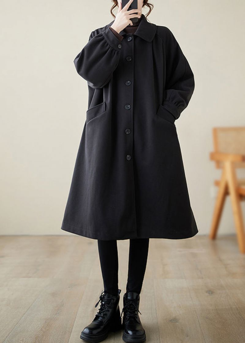 Casual Zwarte Revers Oversized Wollen Trenchcoat Lente - Dames trenchcoats