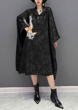 Chinese Stijl Zwarte Geborduurde Jacquard Katoenen Trenchcoat Met Capuchon Herfst