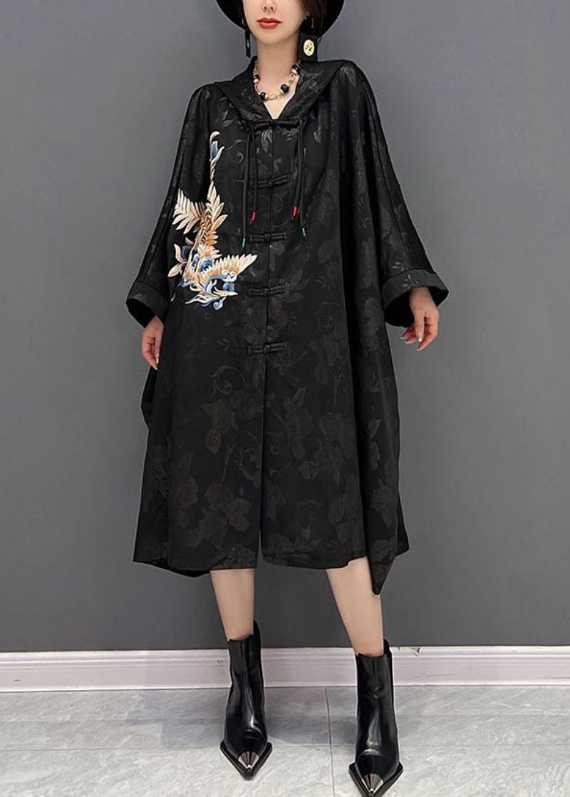 Chinese Stijl Zwarte Geborduurde Jacquard Katoenen Trenchcoat Met Capuchon Herfst - Dames trenchcoats