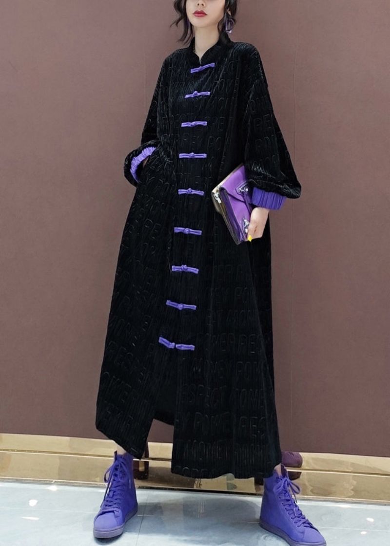 Chinese Stijl Zwarte Knoop Patchwork Zijden Velours Trenchcoat Lente