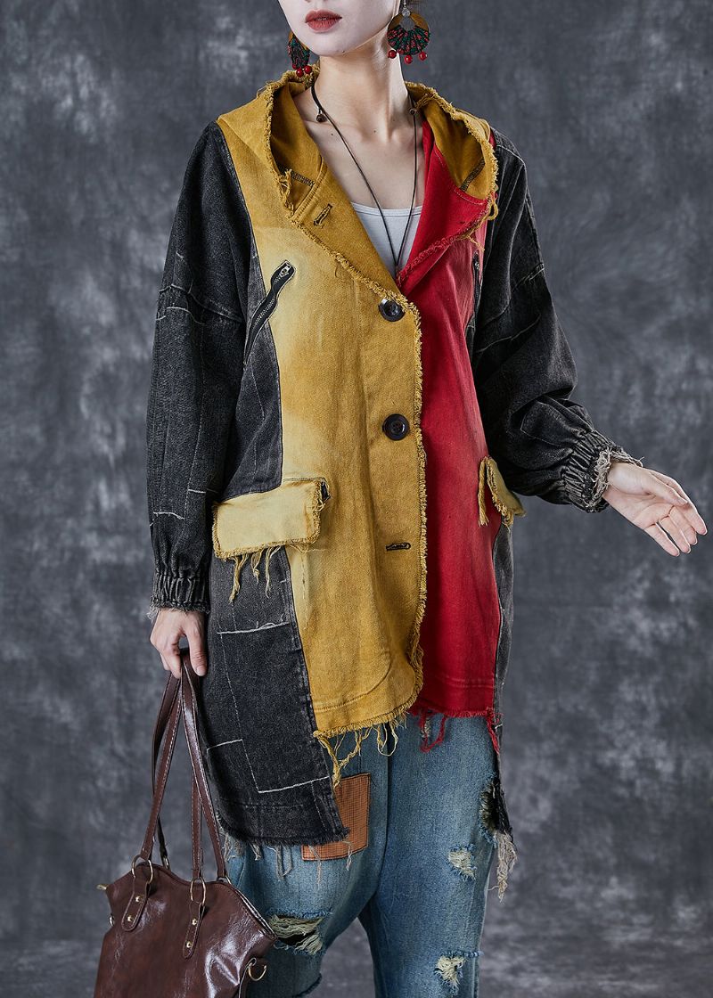 Chique Asymmetrische Patchwork Katoenen Jas Met Colorblock Herfst - Dames trenchcoats