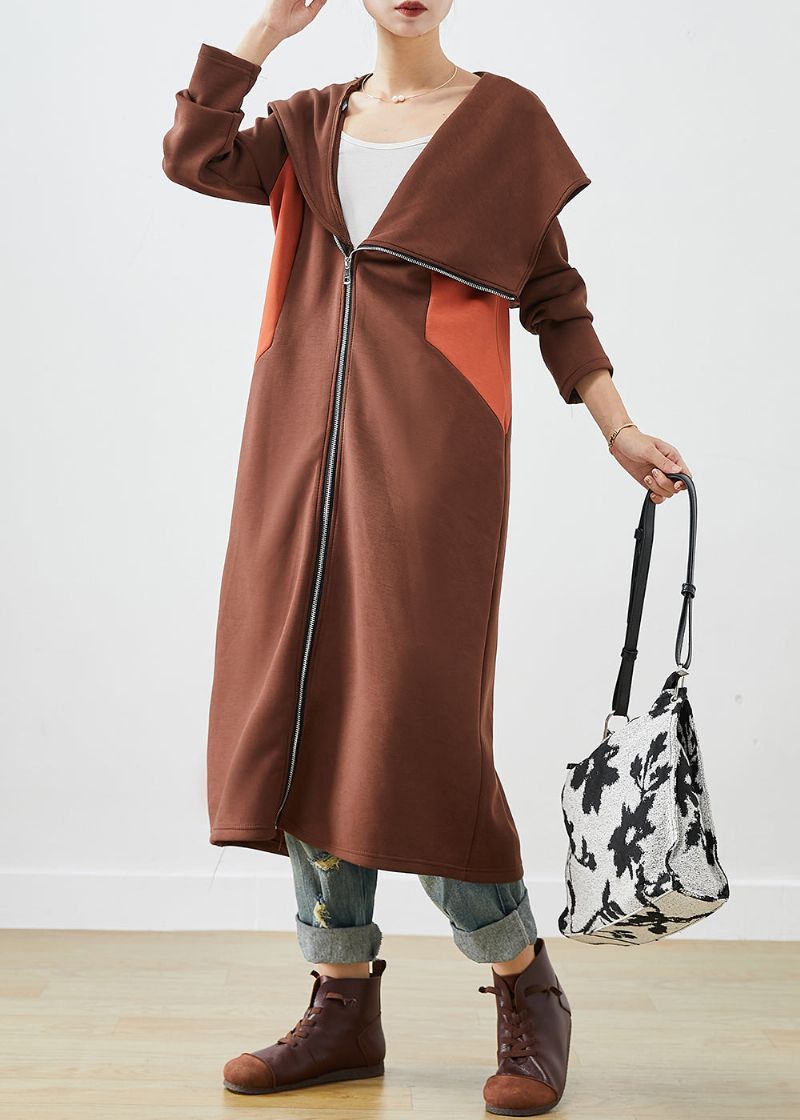 Chique Chocoladekleurige Asymmetrische Patchwork Katoenen Jas Met Capuchon Herfst - Dames trenchcoats