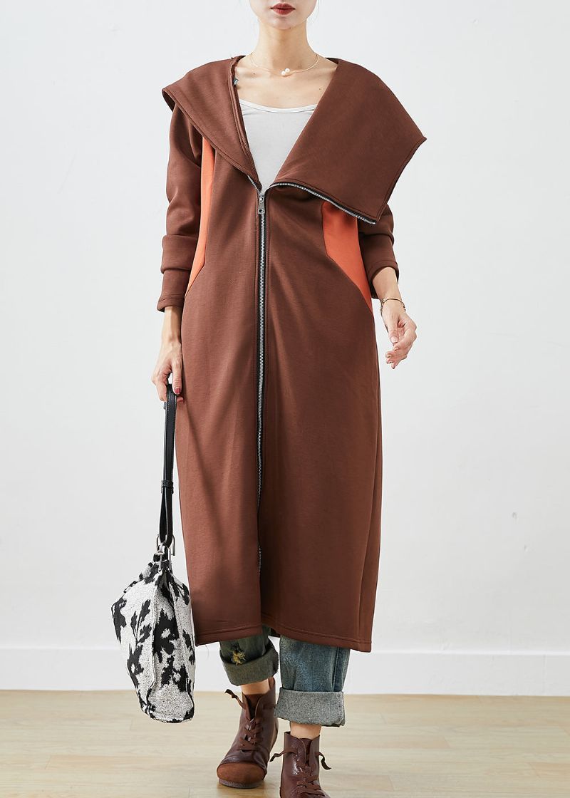 Chique Chocoladekleurige Asymmetrische Patchwork Katoenen Jas Met Capuchon Herfst - Dames trenchcoats