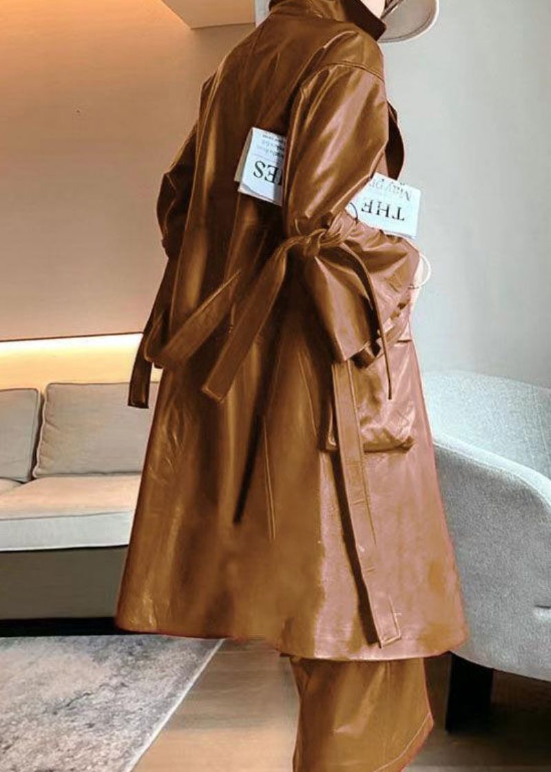 Chique Karamel Strikband In De Taille Zakken Van Imitatieleer Trenchcoat Uitlopende Mouw - Dames trenchcoats