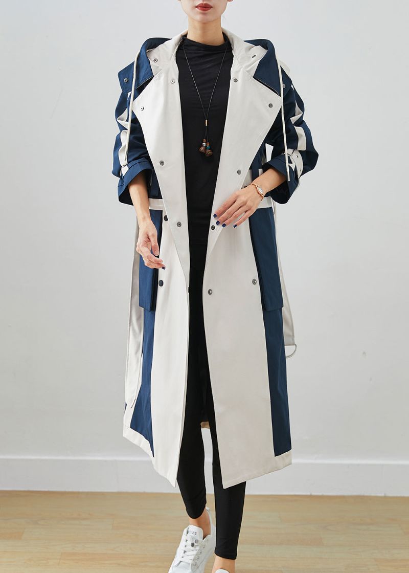 Chique Marineblauwe Oversized Patchwork Origineel Ontwerp Katoenen Trenchcoats Herfst - Dames trenchcoats