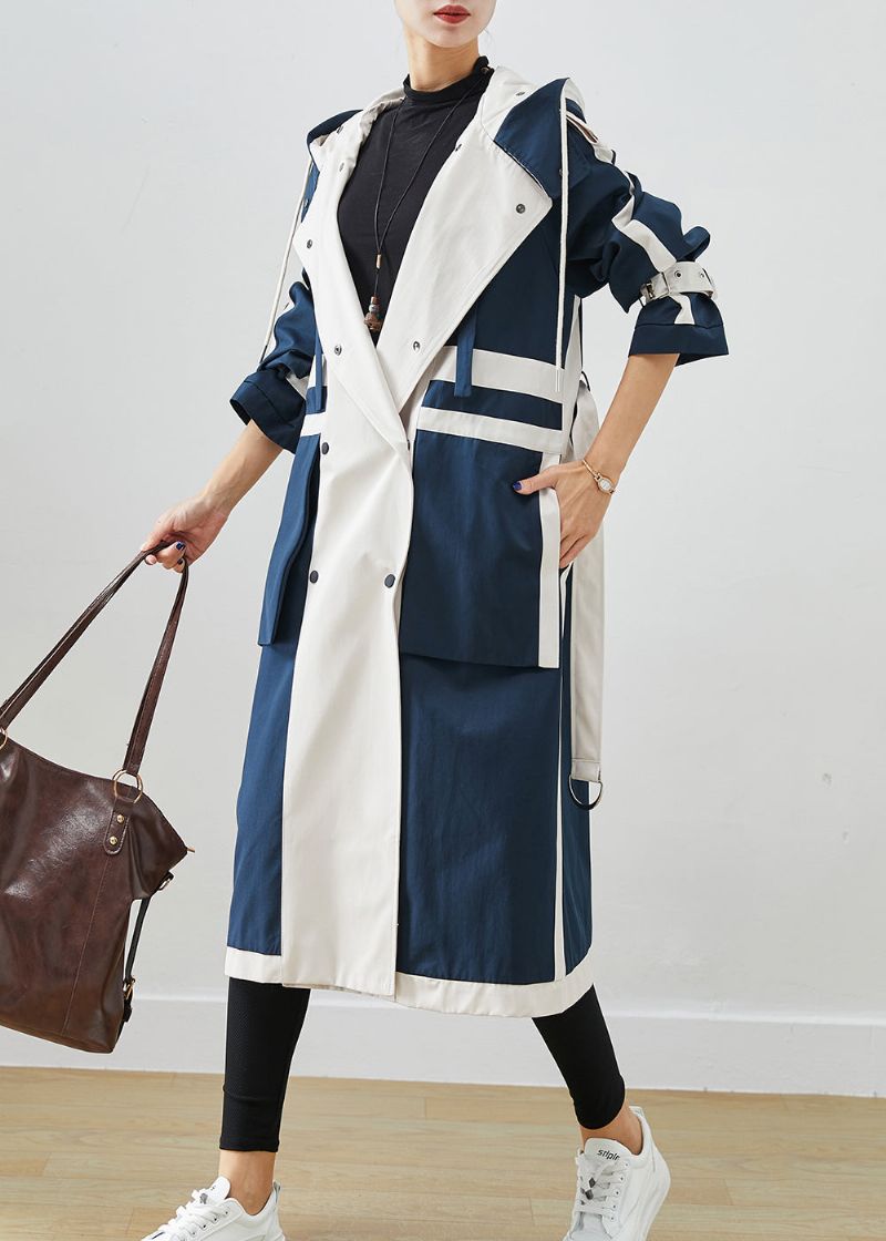 Chique Marineblauwe Oversized Patchwork Origineel Ontwerp Katoenen Trenchcoats Herfst - Dames trenchcoats