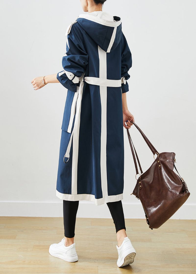 Chique Marineblauwe Oversized Patchwork Origineel Ontwerp Katoenen Trenchcoats Herfst - Dames trenchcoats