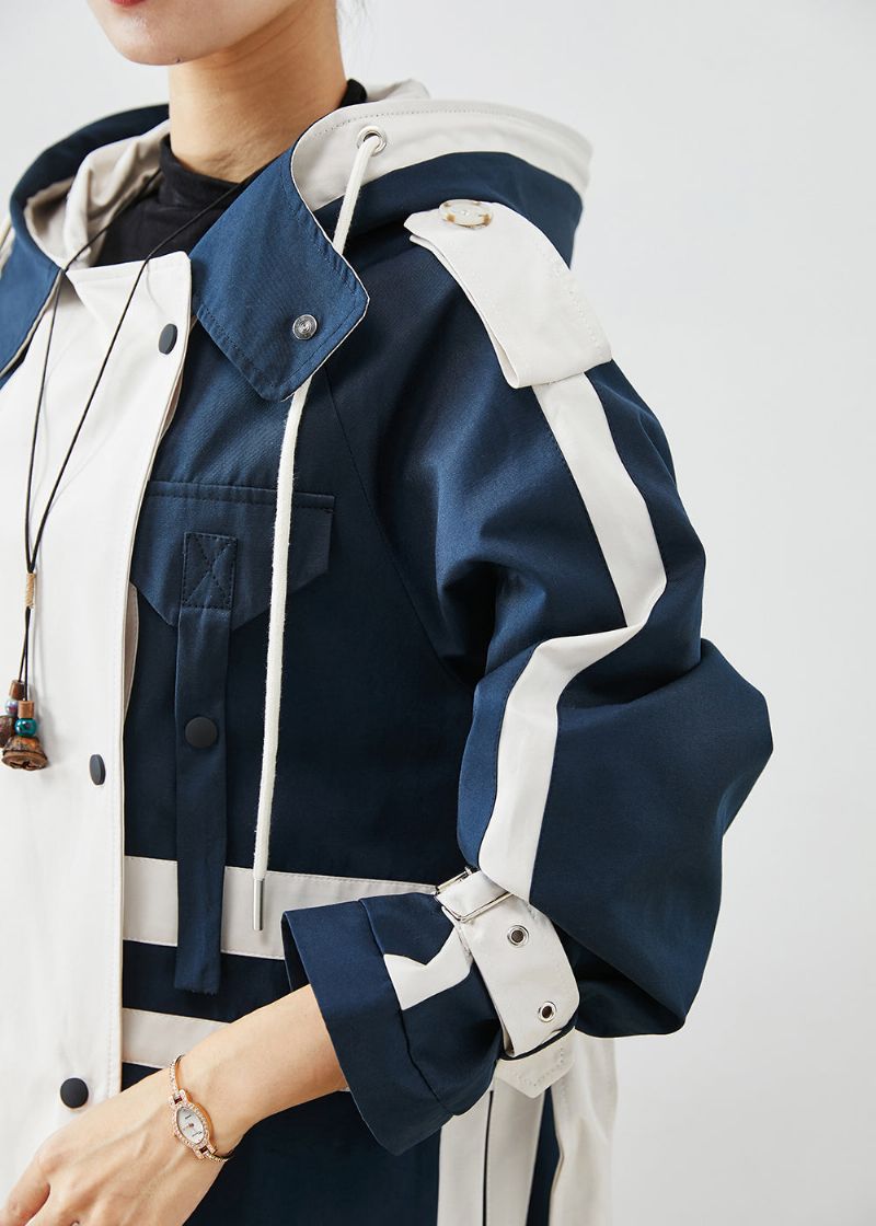 Chique Marineblauwe Oversized Patchwork Origineel Ontwerp Katoenen Trenchcoats Herfst - Dames trenchcoats