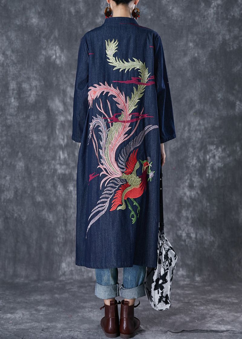 Chique Marineblauwe Phoenix Geborduurde Denim Trenchcoat Met Chinese Knopen - Dames trenchcoats