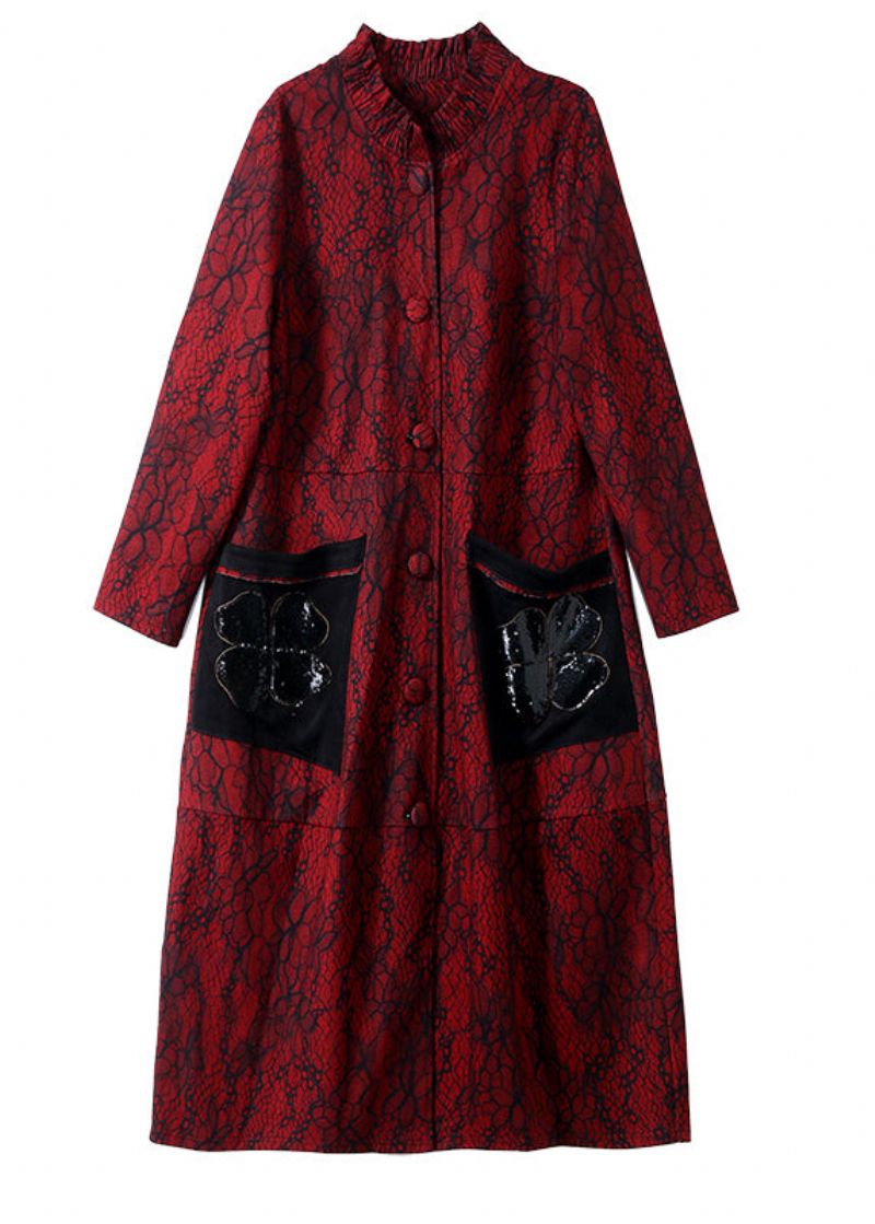 Chique Rode Opstaande Kraag Print Lange Trenchcoats Lente - Rood