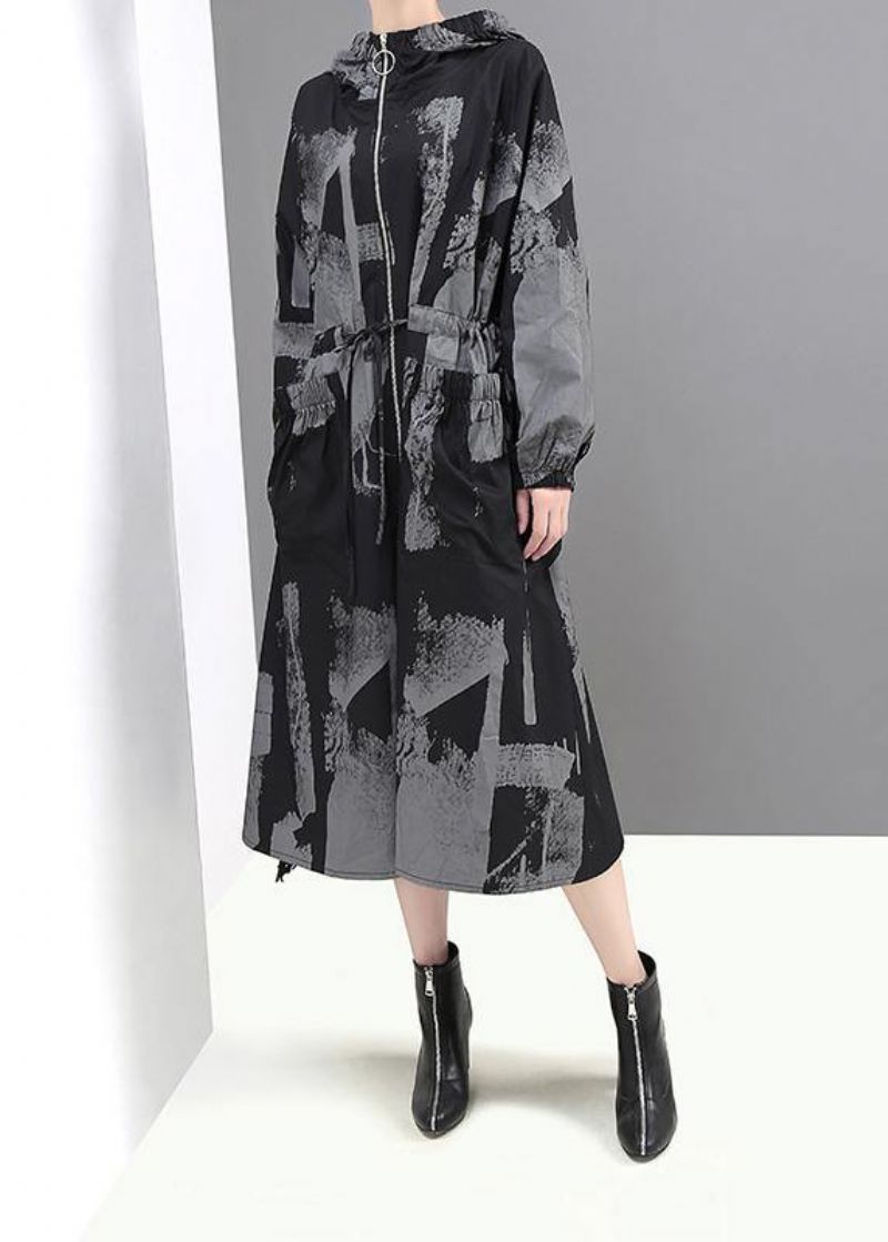 Chique Zwarte Prints Fijne Outwear Jassen Met Capuchon En Strikceintuur - Dames trenchcoats