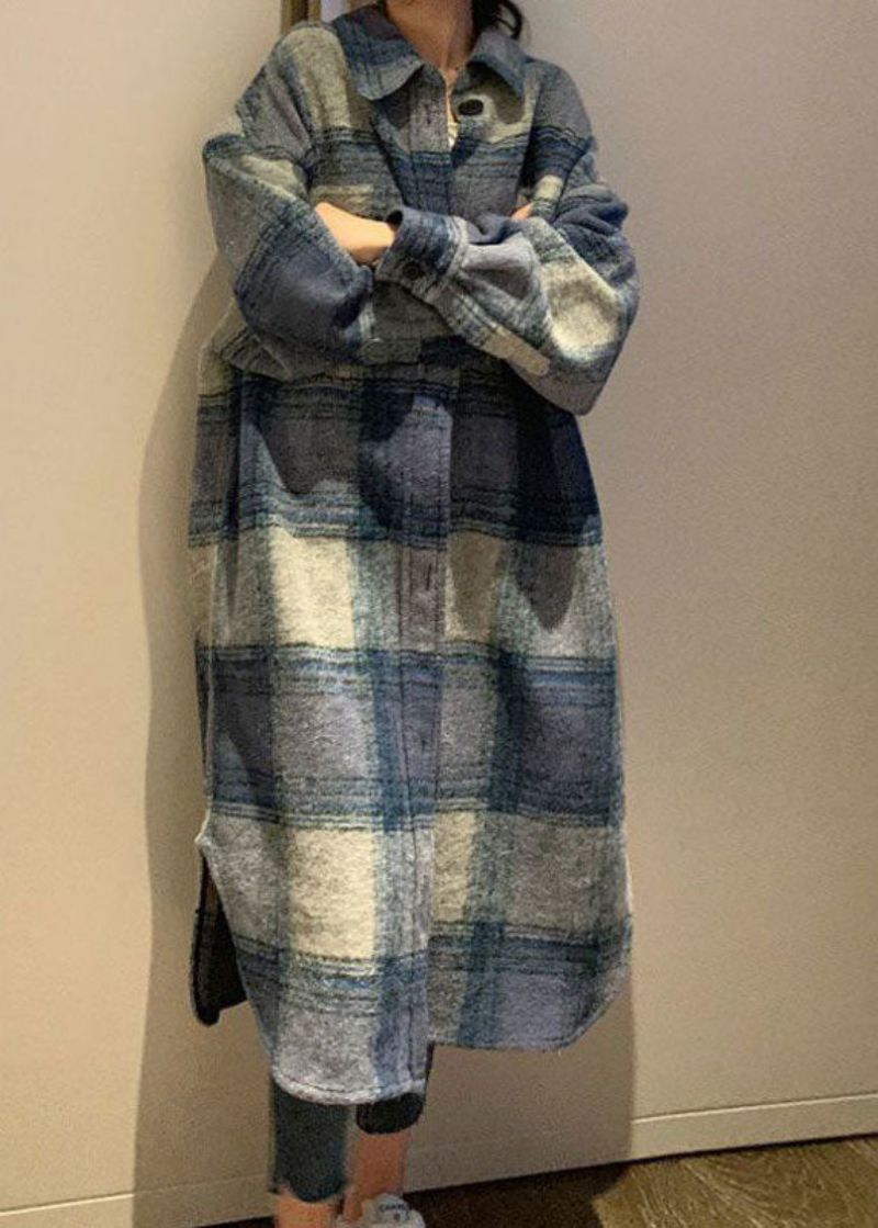 Club Grijs Blauw Plaid Knoop Zijkant Open Herfst Wollen Trench Met Lange Mouwen - Dames trenchcoats