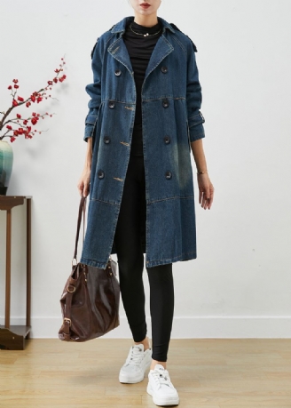 Dames Blauwe Oversized Denim Trenchcoats Met Dubbele Borsten Herfst