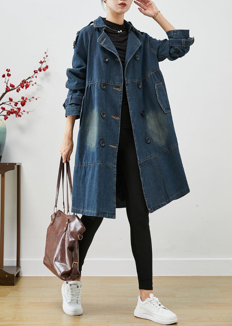 Dames Blauwe Oversized Denim Trenchcoats Met Dubbele Borsten Herfst - Dames trenchcoats