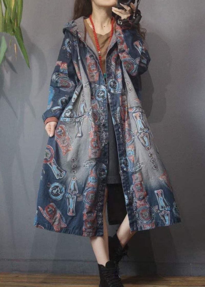 Dames Blauwe Print Knoopzakken Katoenen Hoodie Denim Trenchcoat Lange Mouw