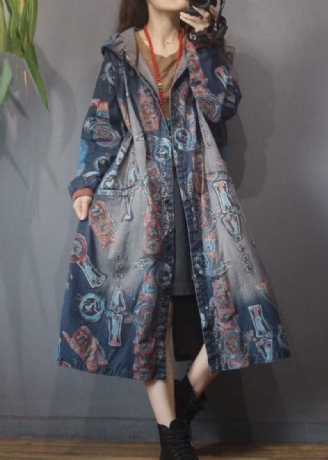 Dames Blauwe Print Knoopzakken Katoenen Hoodie Denim Trenchcoat Lange Mouw