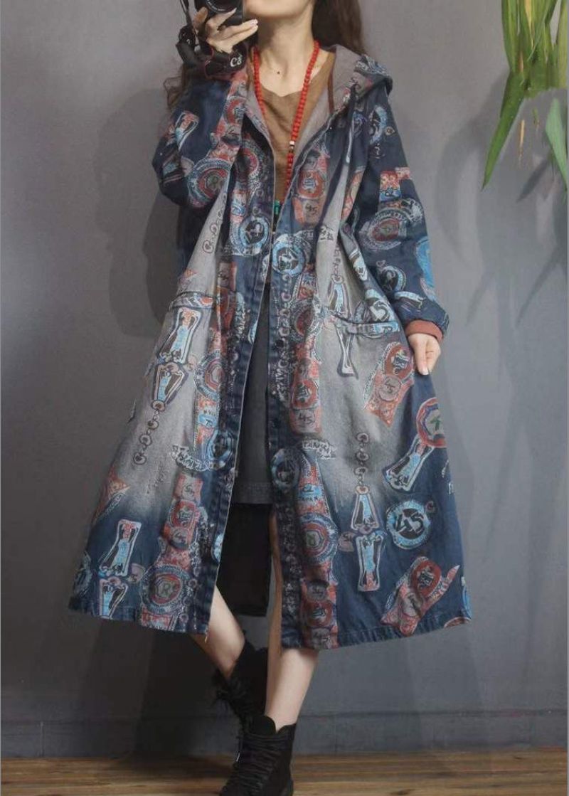 Dames Blauwe Print Knoopzakken Katoenen Hoodie Denim Trenchcoat Lange Mouw - Dames trenchcoats