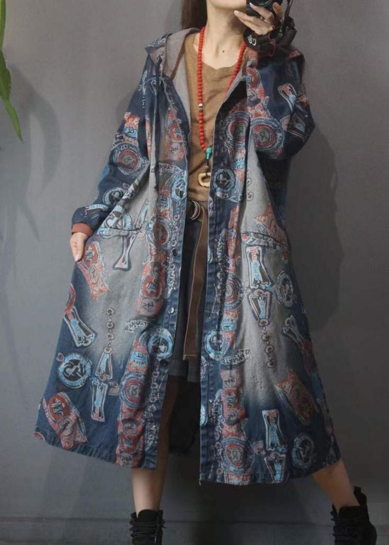 Dames Blauwe Print Knoopzakken Katoenen Hoodie Denim Trenchcoat Lange Mouw - Dames trenchcoats