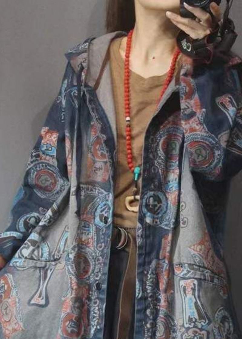 Dames Blauwe Print Knoopzakken Katoenen Hoodie Denim Trenchcoat Lange Mouw - Dames trenchcoats