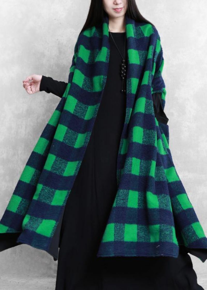 Dames Casual Jassen Groen Geruite Patchwork Wollen Overjas Met Vleermuismouwen - Dames trenchcoats