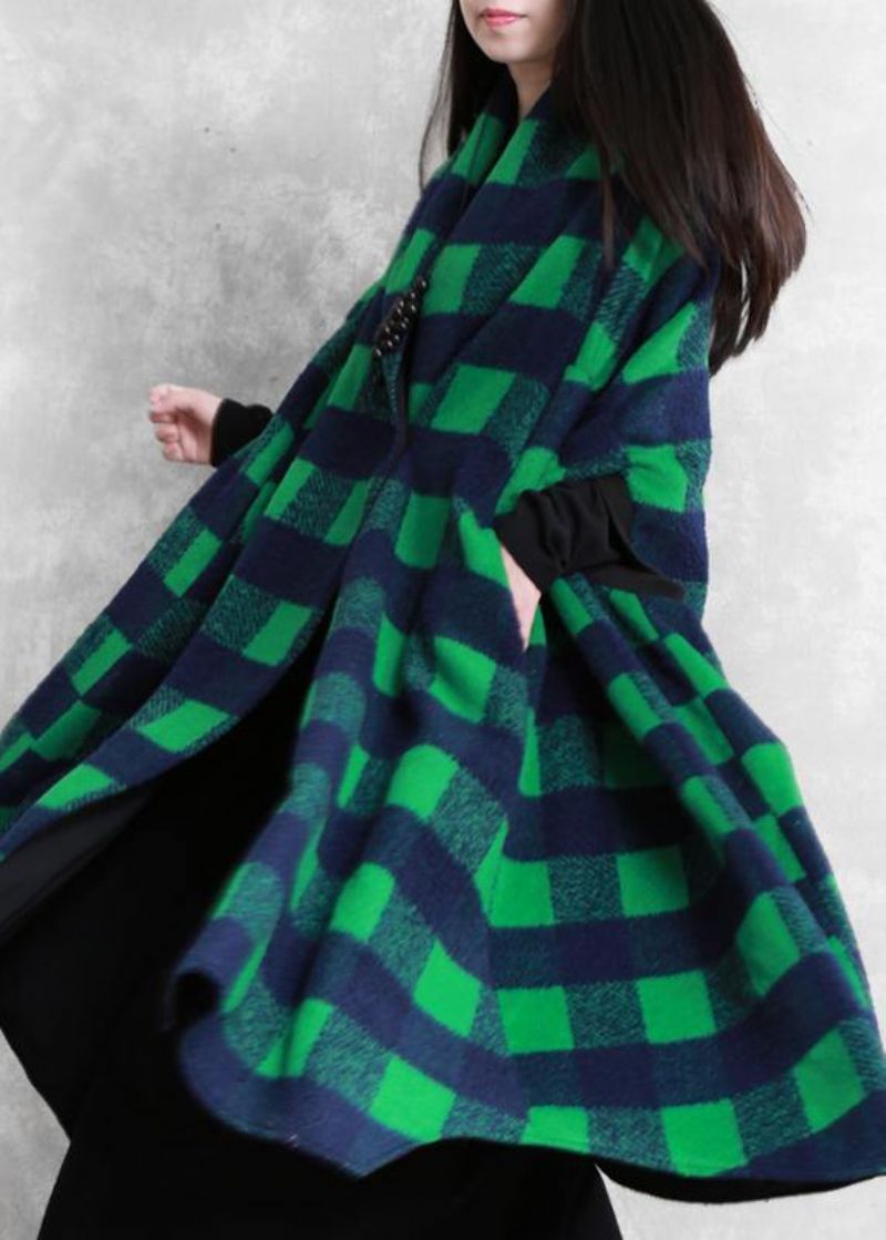 Dames Casual Jassen Groen Geruite Patchwork Wollen Overjas Met Vleermuismouwen - Dames trenchcoats