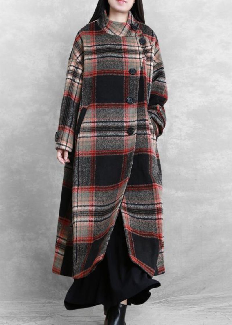 Dames Casual Lange Jassen Damesjassen Zwarte Geruite Asymmetrische Wollen Jas Met Stropdas In De Taille - Dames trenchcoats