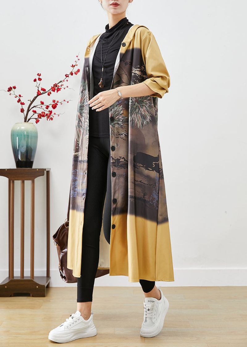 Dames Gele Katoenen Trenchcoats Met Capuchon En Print Herfst - Dames trenchcoats