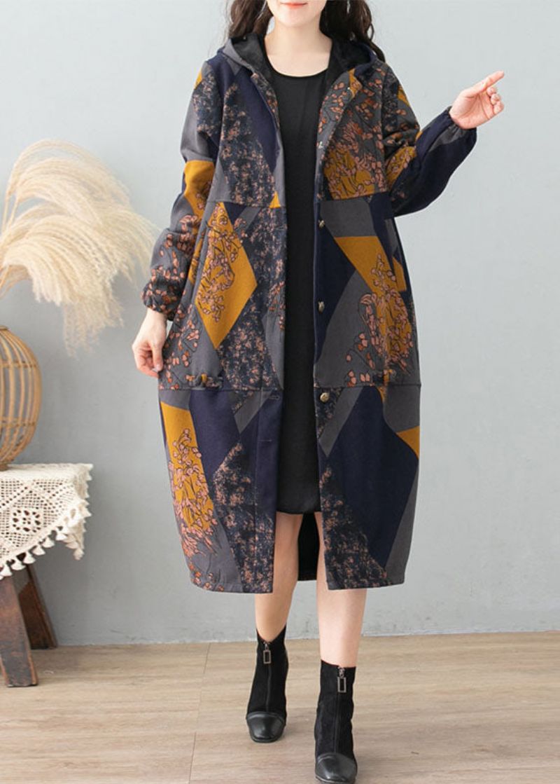 Dames Groene Print Capuchon Patchwork Dikke Katoenen Trenchcoat Winter