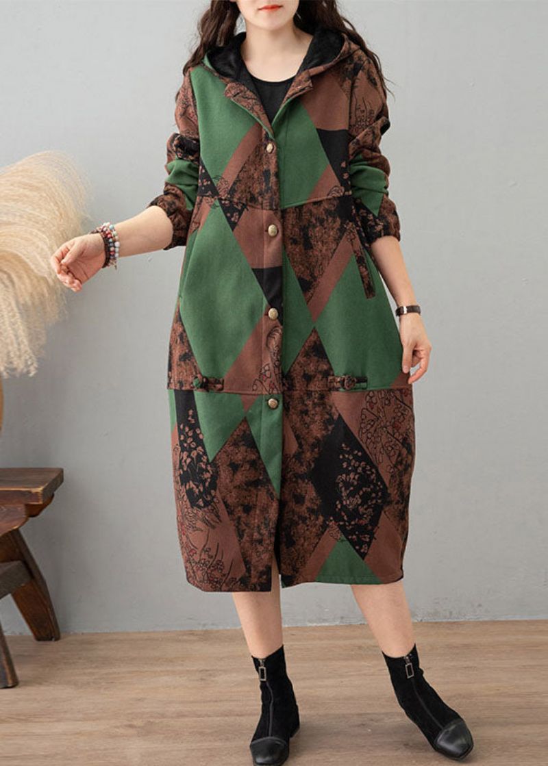 Dames Groene Print Capuchon Patchwork Dikke Katoenen Trenchcoat Winter - Dames trenchcoats