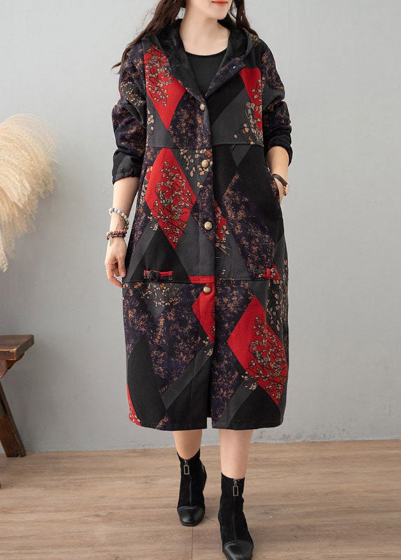 Dames Groene Print Capuchon Patchwork Dikke Katoenen Trenchcoat Winter - Dames trenchcoats