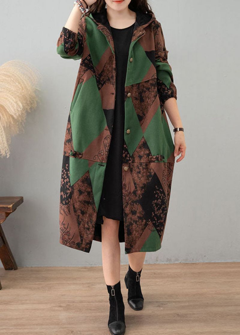 Dames Groene Print Capuchon Patchwork Dikke Katoenen Trenchcoat Winter - Dames trenchcoats