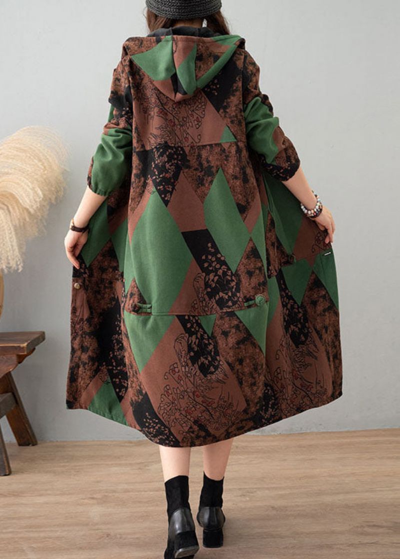 Dames Groene Print Capuchon Patchwork Dikke Katoenen Trenchcoat Winter - Dames trenchcoats