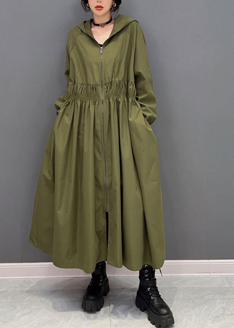 Dames Groene Ritssluiting Gerimpelde Lange Trenchcoats Met Capuchon Lente