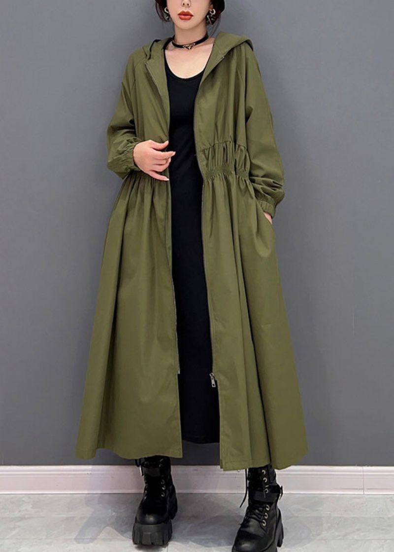 Dames Groene Ritssluiting Gerimpelde Lange Trenchcoats Met Capuchon Lente - Dames trenchcoats