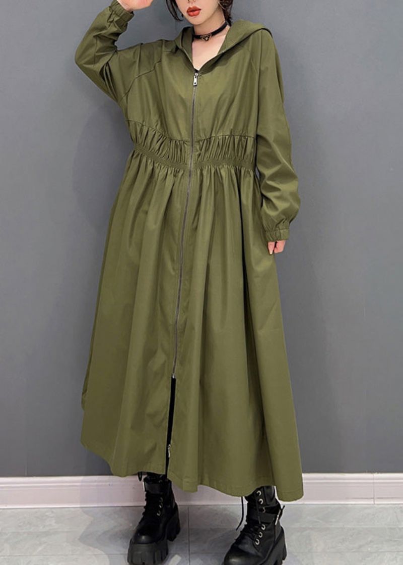 Dames Groene Ritssluiting Gerimpelde Lange Trenchcoats Met Capuchon Lente - Dames trenchcoats