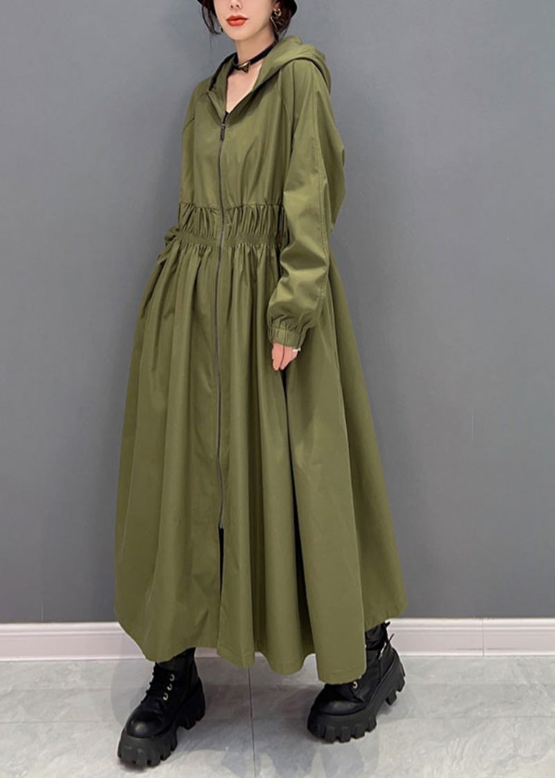 Dames Groene Ritssluiting Gerimpelde Lange Trenchcoats Met Capuchon Lente - Dames trenchcoats