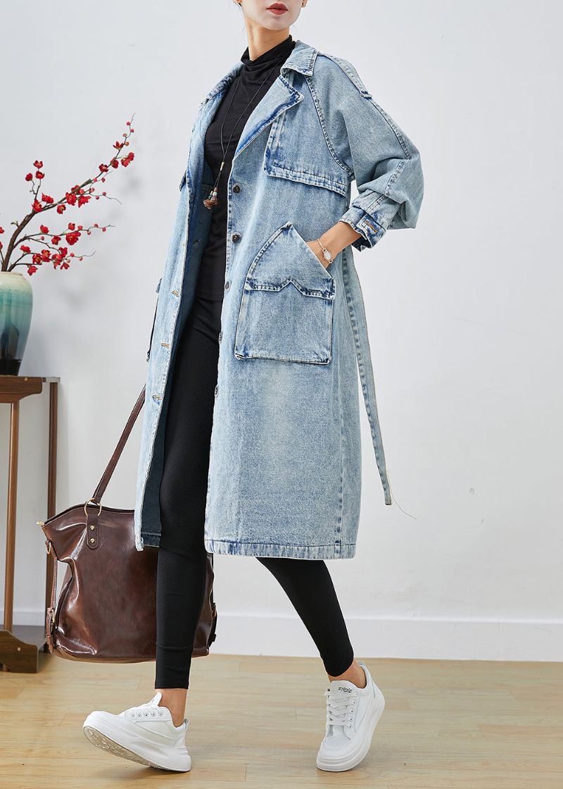 Dames Lichtblauwe Revers Patchwork Denim Trenchcoats Herfst