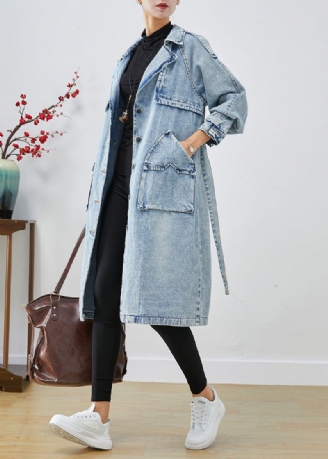 Dames Lichtblauwe Revers Patchwork Denim Trenchcoats Herfst