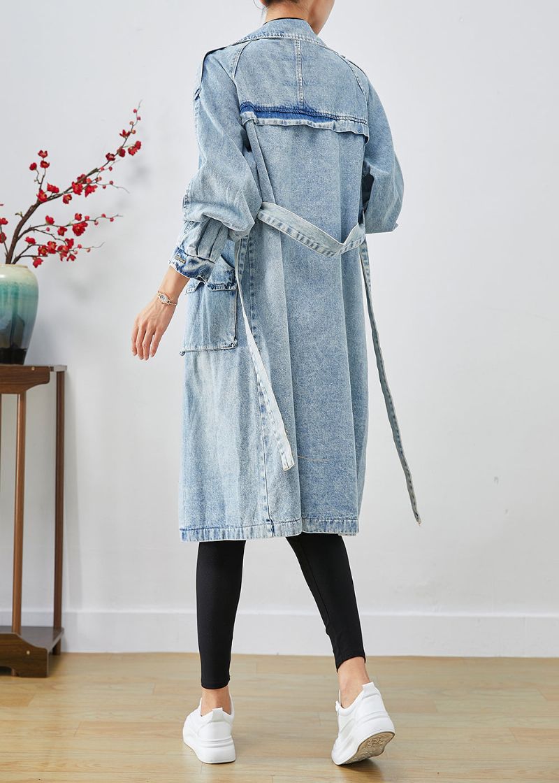 Dames Lichtblauwe Revers Patchwork Denim Trenchcoats Herfst - Dames trenchcoats