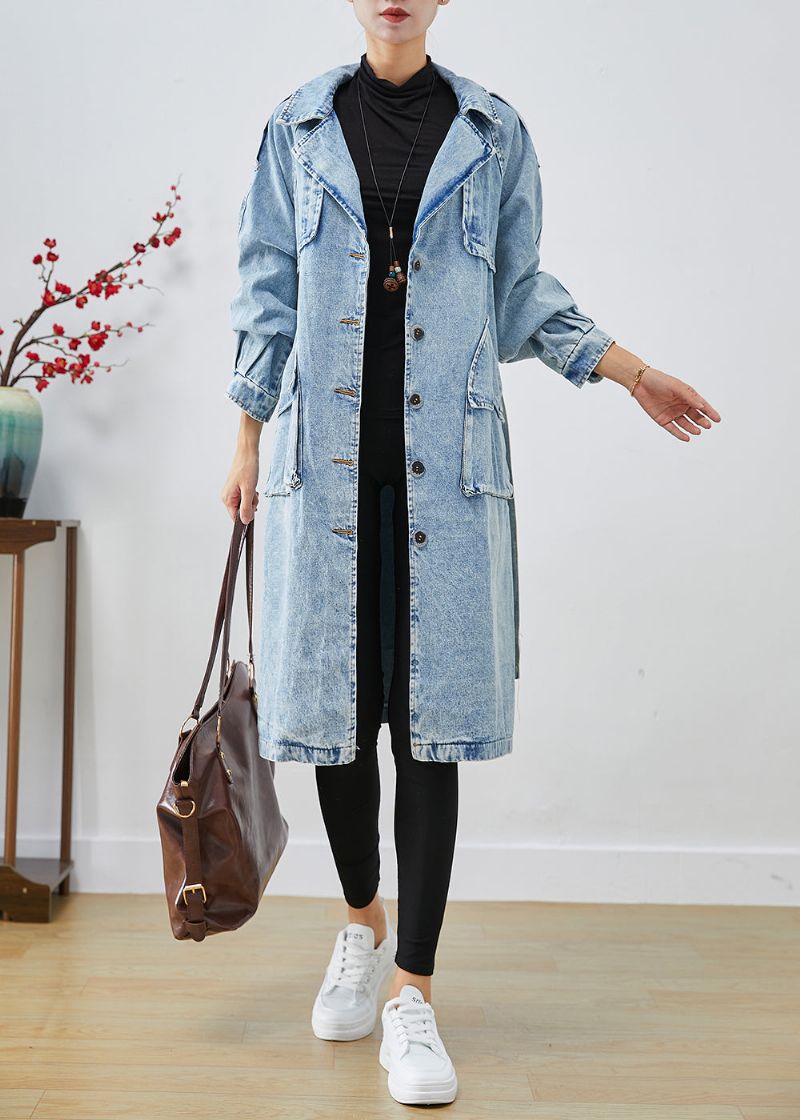 Dames Lichtblauwe Revers Patchwork Denim Trenchcoats Herfst - Dames trenchcoats