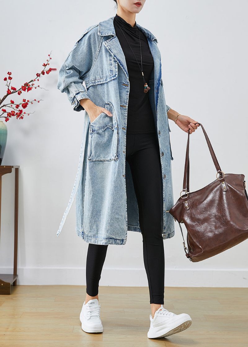 Dames Lichtblauwe Revers Patchwork Denim Trenchcoats Herfst - Dames trenchcoats