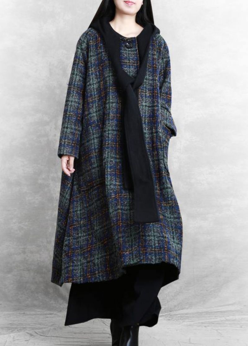 Dames Loszittende Lange Jassen Blauw Geruite Patchwork Wollen Met Capuchon - Dames trenchcoats