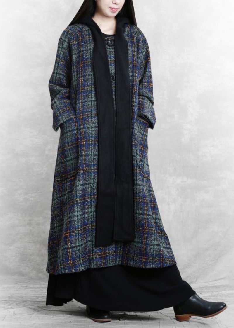 Dames Loszittende Lange Jassen Blauw Geruite Patchwork Wollen Met Capuchon - Dames trenchcoats